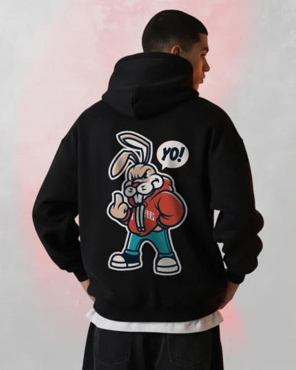 bunny printed black hoodie
